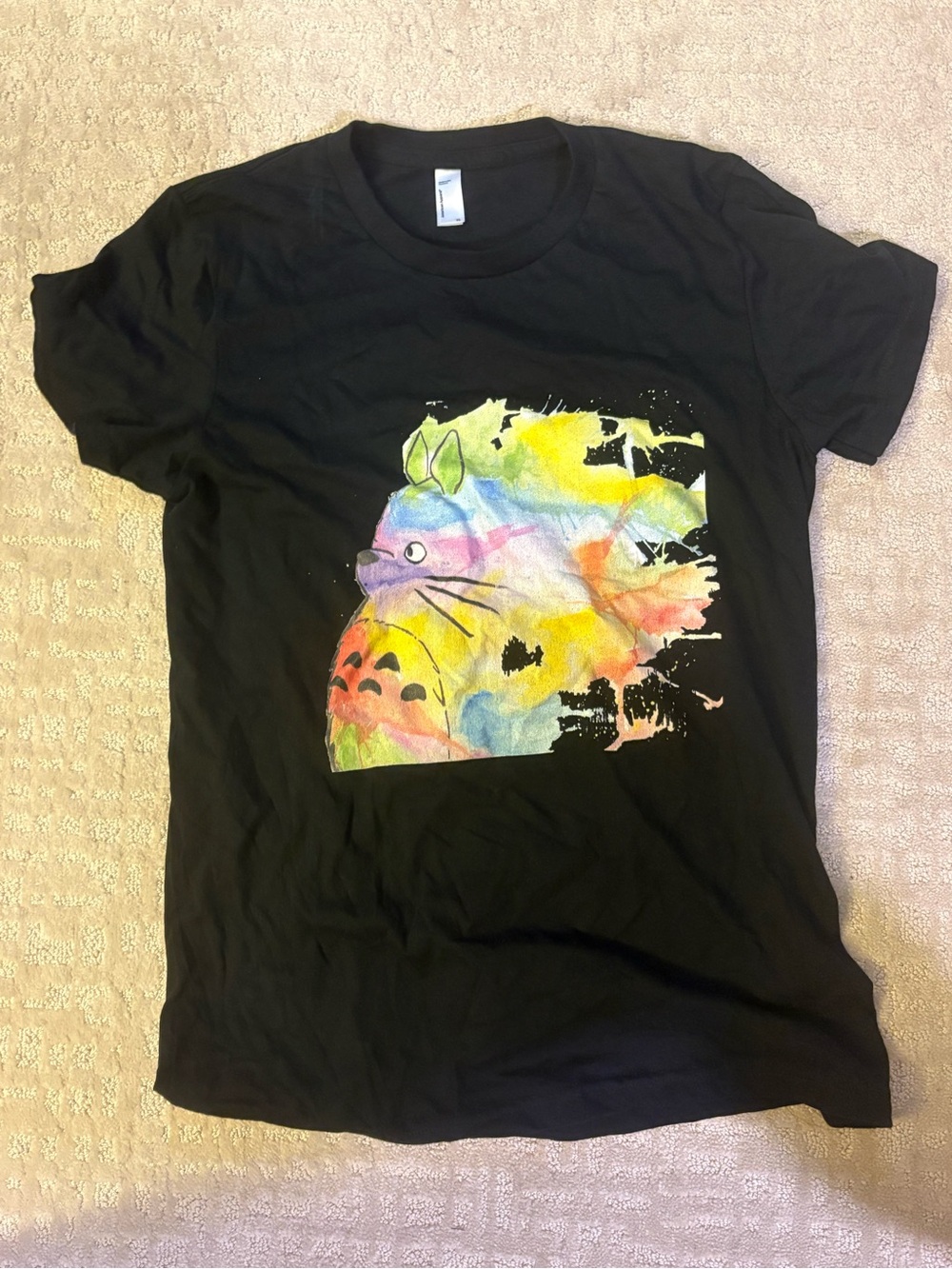 American Apparel Black Tee with Rainbow Watercolor Totoro Print